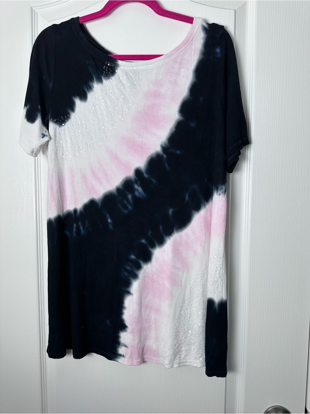 INC International Concepts Black, Pink & White Tie-Dye Short Sleeve Top